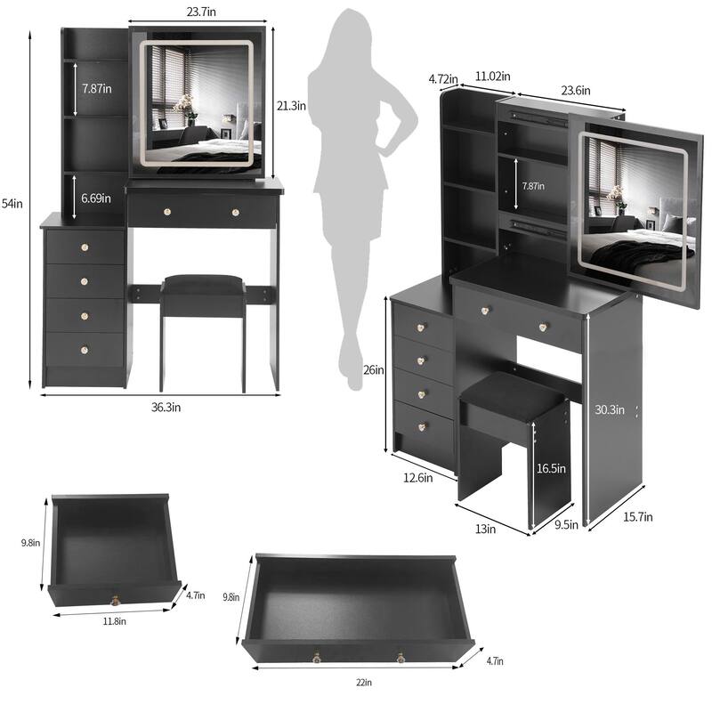37" Lighted Vanity Table with Adjustable LED Mirror, Wide Storage, Stool, Ideal for Bedroom or Dressing Area