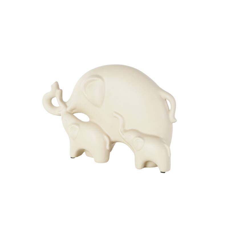 Cream Ceramic Family Elephant Decorative Sculpture with Raised Trunks