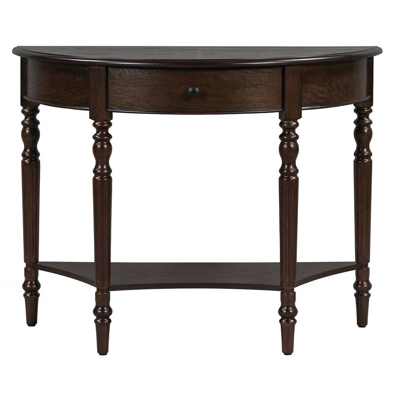 Farmhouse Half Moon Console Table with Drawer & Shelf - Rustic Accent Table