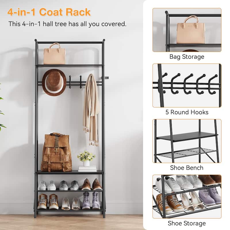 Hall Tree With Shoe Storage Bench, 4-In-1, Steel Frame With 10 Hooks for Entryway, Freestanding Coat Rack Stand