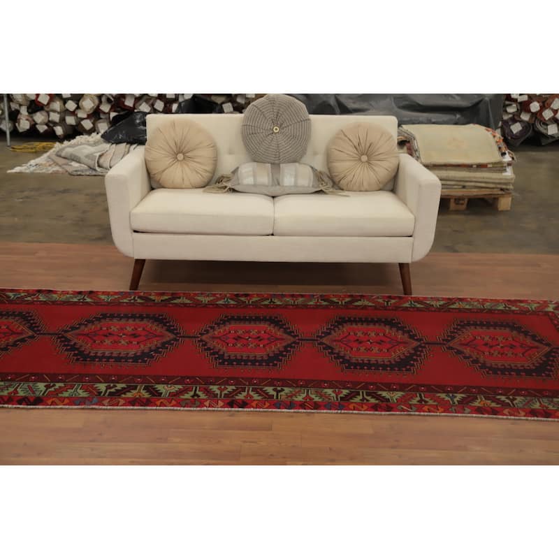 Hand Knotted Oriental 100% Wool Carpet Traditional Geometric Red Ardebil Runner Rug - 10' 6'' X 3' 8''