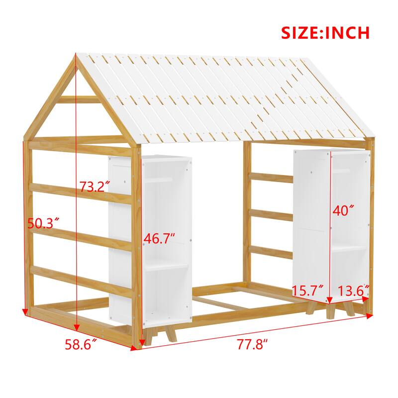 Twin Size House Bed with Fence, Roof, and Movable Wardrobes, Kids Floor Bed in Natural Finish