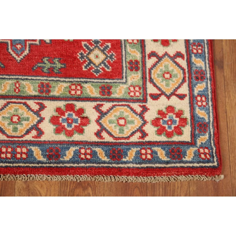 Red Geometric Kazak Foyer Rug Handmade Wool Carpet - 2'7"x 4'0"