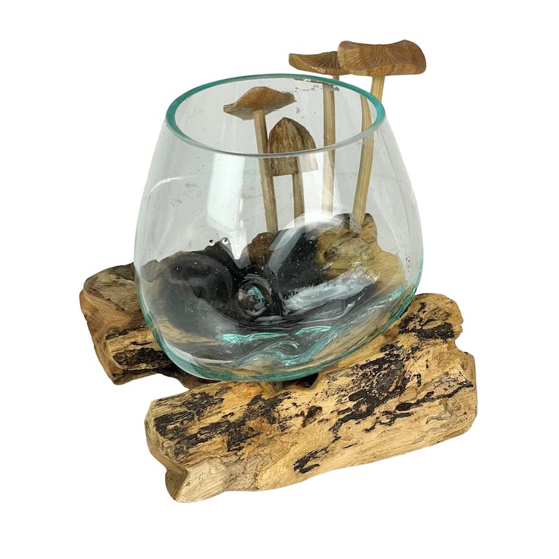 Handcrafted Glass Vase With Teak Driftwood And Wood Mushroom