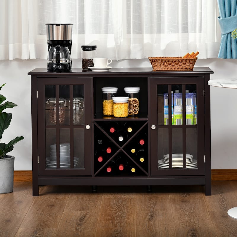 HOMCOM Serving Buffet Sideboard Cabinet with Open Storage, 12 Bottle Wine Rack, Framed Glass Doors and 2 Cabinets - Brown