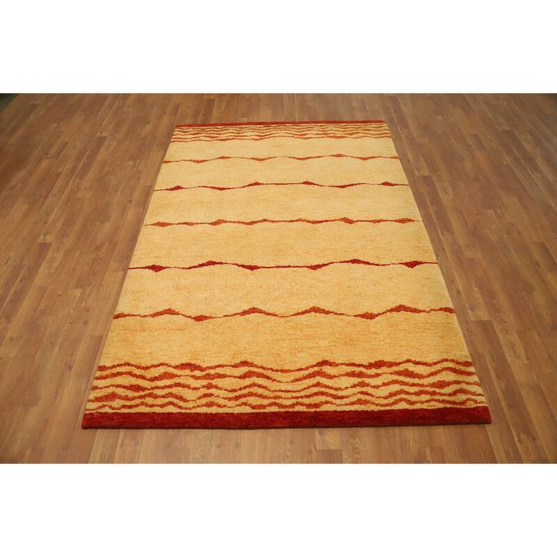 Hand Knotted Oriental 100% Wool Carpet Modern Modern Yellow & Gold Gabbeh Area Rug - 6' 8'' X 4' 8''