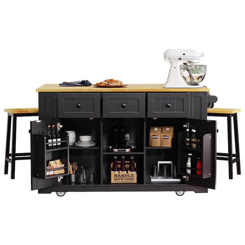 3-Piece Kitchen Island Set with 2 Stools & Drop Leaf, Rolling Kitchen Cart with Power Outlet & 3 Drawers