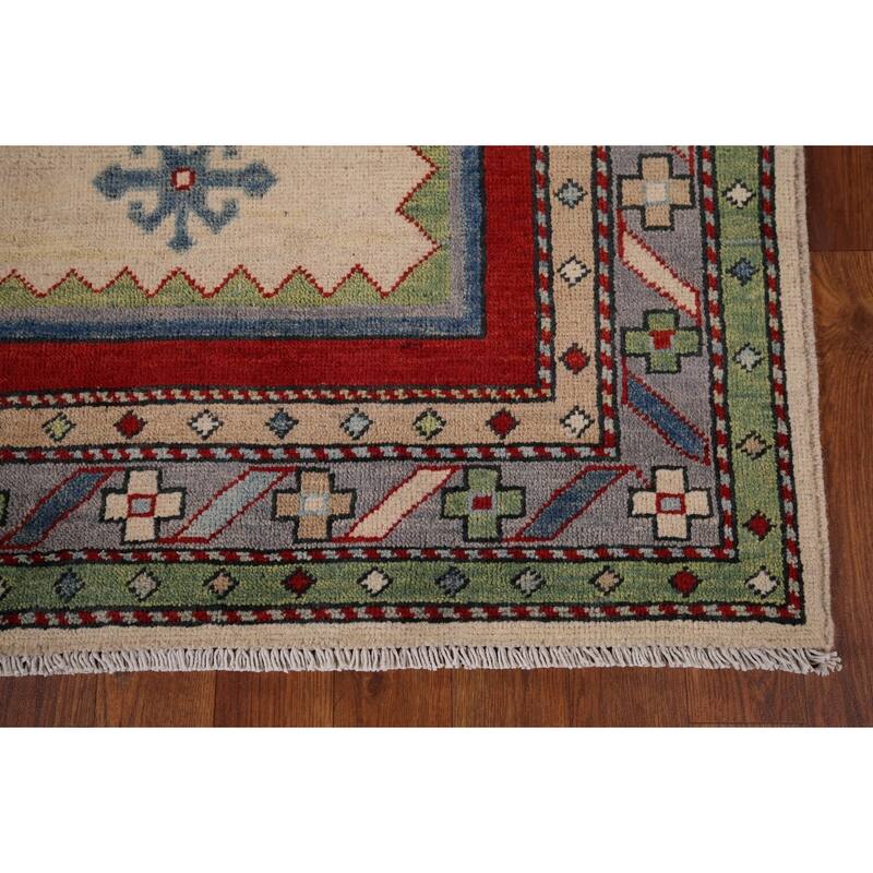 Geometric Beige Kazak Oriental Rug Hand-Knotted Bedroom Wool Carpet - 5'0" x 6'6"