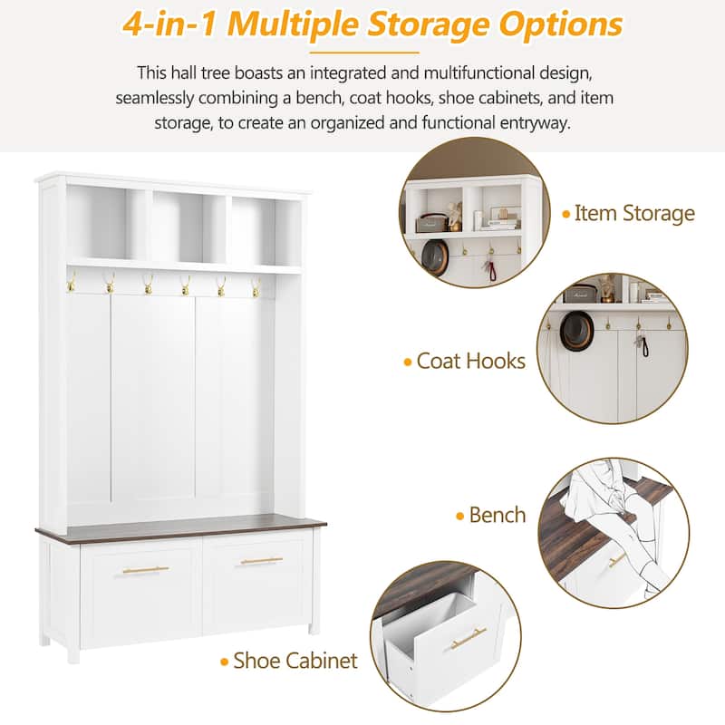 Elegant 4-in-1 Hall Tree with Golden Hooks, Wood Grain Bench, and Ample Storage
