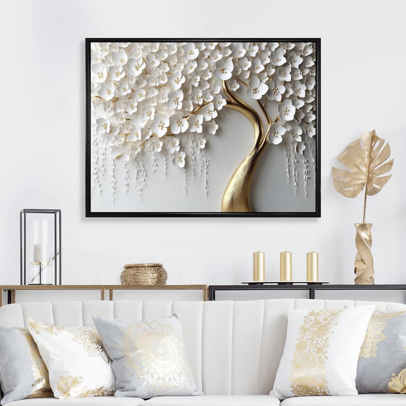 Designart "White Orchid Tree Garden Of Branches Iv" Tree Floral Framed Wall Art For Living Room - 44 in. wide x 34 in. high - Black