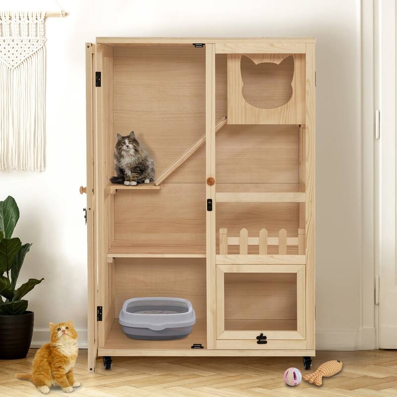 MCombo wooden cat houses for indoor cats, luxury cat house with Multiple Levels, Lockable Doors, Wheels, CT090