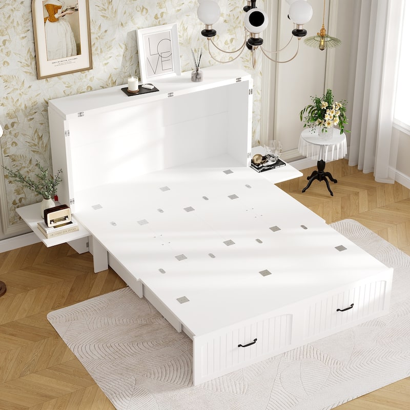 Queen Size White Storage Bed Frame with Headboard Storage, Built-In Cabinets, Drawers & Side Shelf