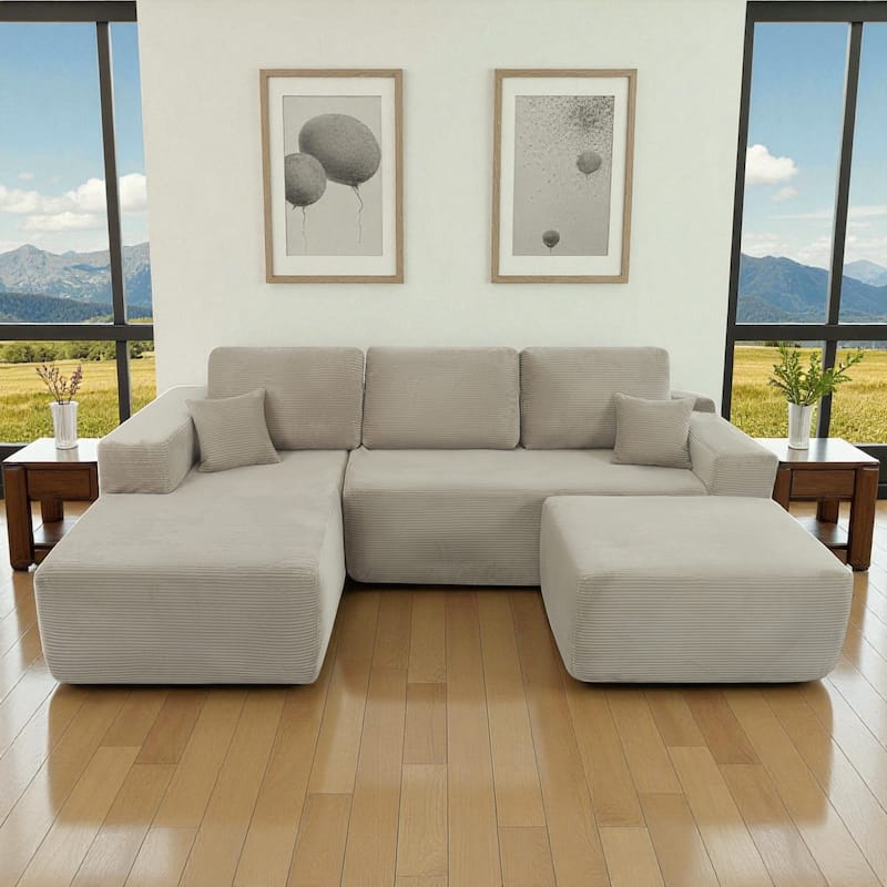 105" Cloud Sectional Couch with U-Shaped Chaise, Modular Corduroy Sofa with Deep Seats, Upholstered Living Room Couch - Camel