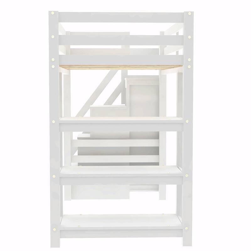Loft Bed with Shelves, Storage Staircase, Small Wardrobe & White LED Light