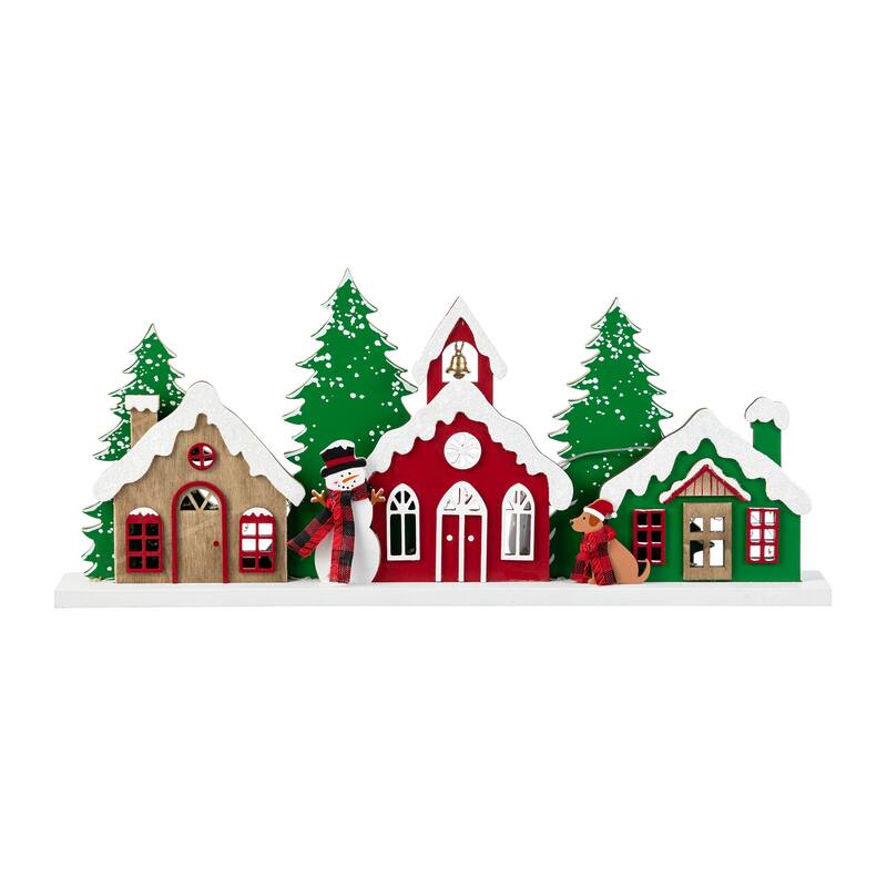 Glitzhome 20"L Lighted Wooden Christmas Villages Table Decor