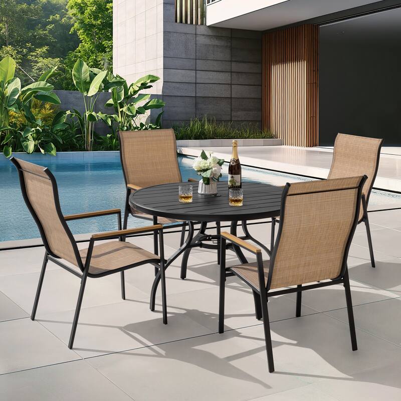 5-Piece Textilene Patio Dining Set with Umbrella Hole, Stackable Design