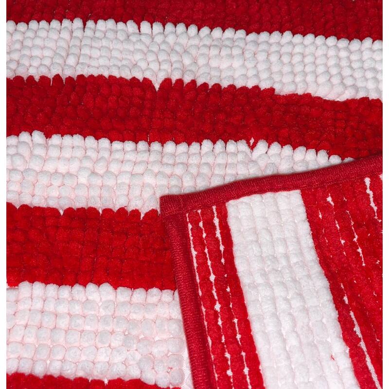 Large Red White Stripe Soft Cozy Plush Chenille Bath Mat Bathroom Rug - 36" x 24"
