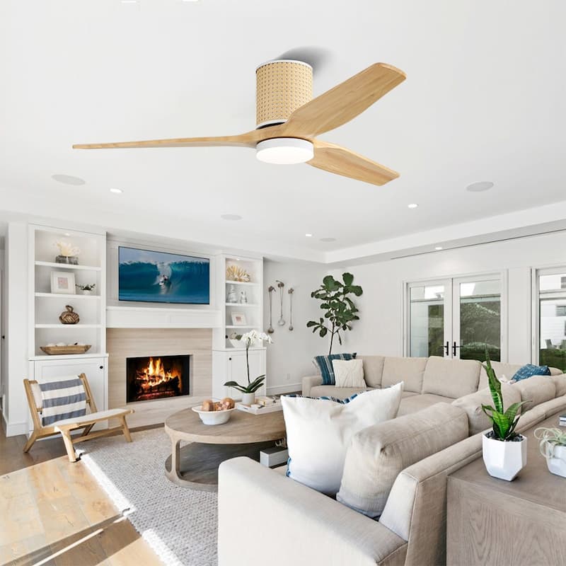 MLiAN 52 In. 3 Solid Wood Blades Flush Mount Ceiling Fan with Light Kit - 52"