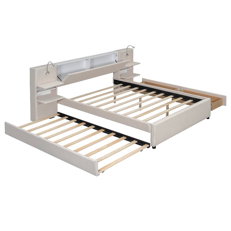 Queen Size Upholstered Platform Bed with Drawers Trundle Flip-up Storage Headboard Side Storage Racks Reading Lights Linen