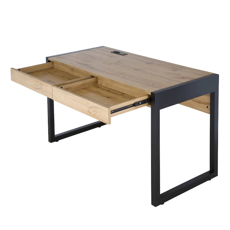 Q-Max 52"W Writing Desk With Two Drawers, Power Outlet, USB Ports - Modern Computer Table - Work Desk for Home, Office, Bedroom