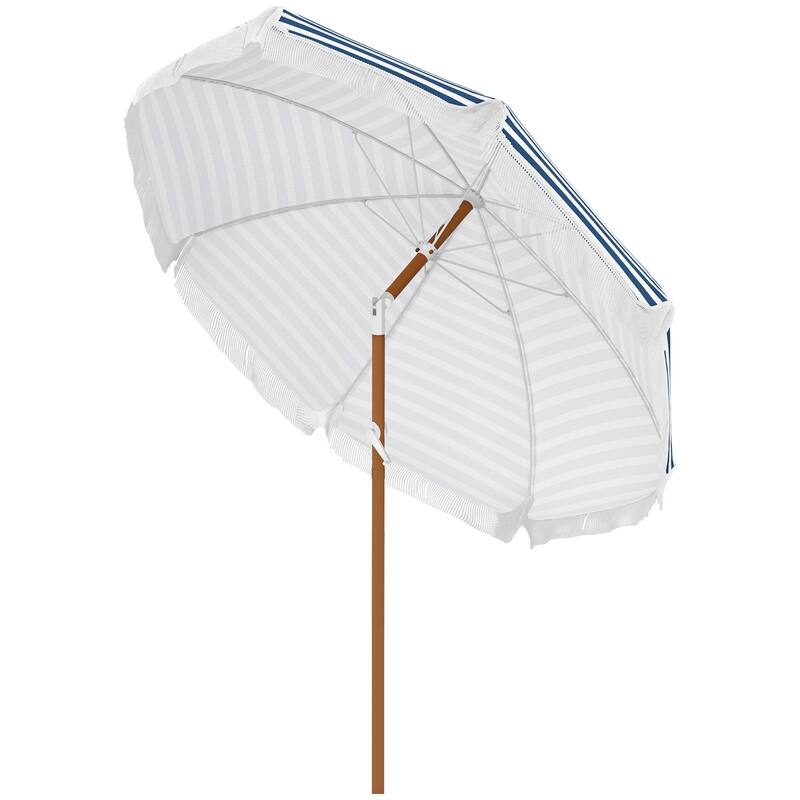 7 x 7 ft Outdoor Patio Umbrella with Tilt, Vent, Market Table Umbrella Parasol with Fringed Ruffles and Flounce, Blue Strip