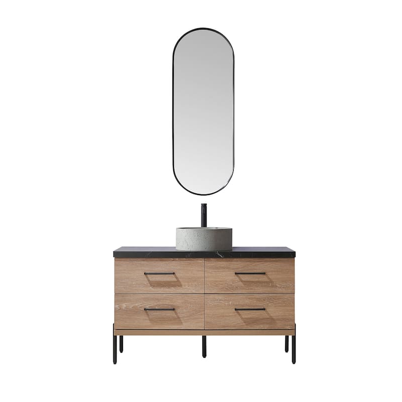 Trento Bath Vanity with Sintered Stone Top with Concrete Sink (R) - 48 in. - North American Oak-With Mirror