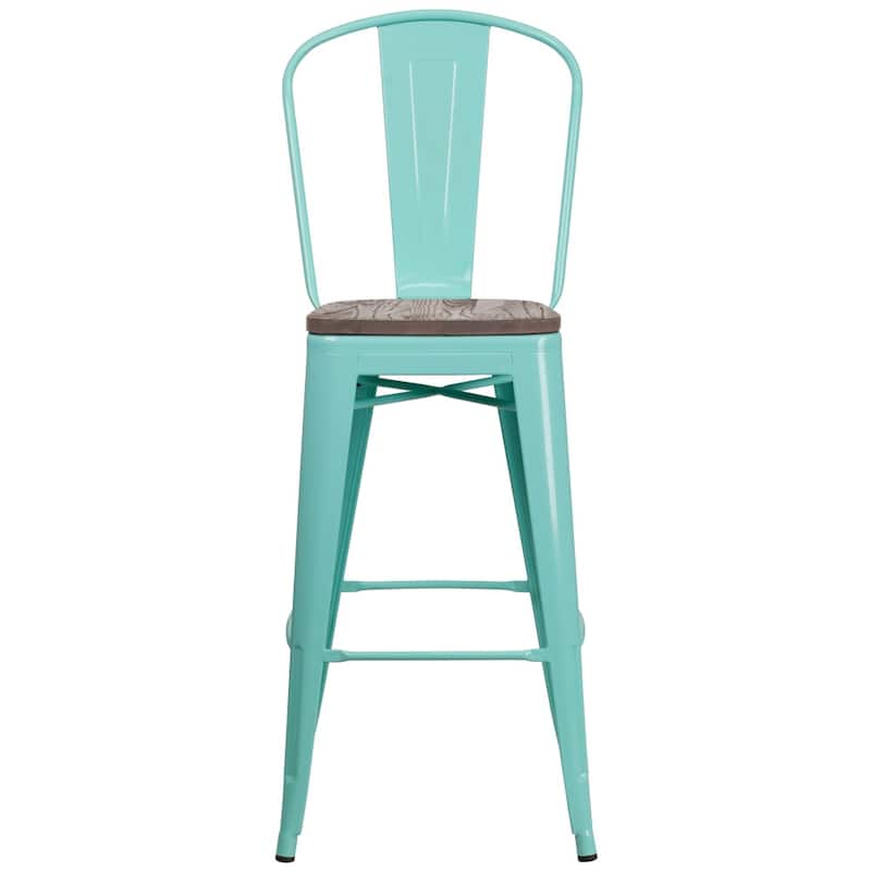 4 Pk. 30" High Metal Barstool with Back and Wood Seat - 18"W x 19"D x 46"H - 18"W x 19"D x 46"H