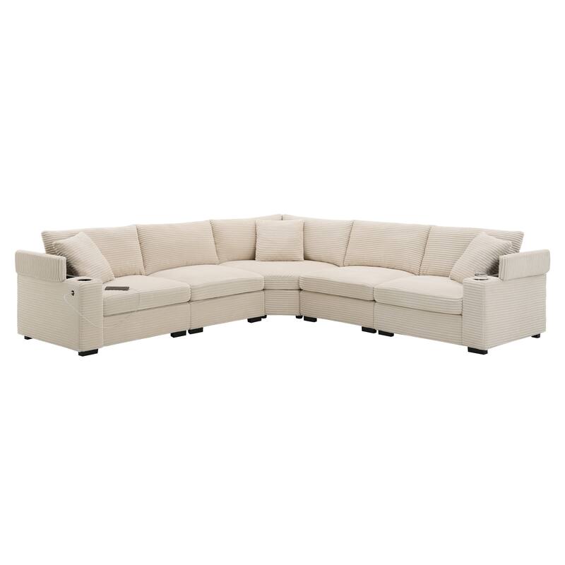 Roomfitters 106'' Convertible L-Shaped Sectional Sofa, Corduroy Corner Couch with Armrest Storage, Cup Holders, USB Charger