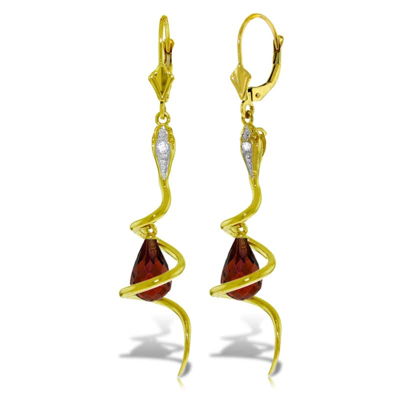 14K Solid Gold Snake Earrings w/ Dangling Briolette Garnets & Diamonds - Yellow