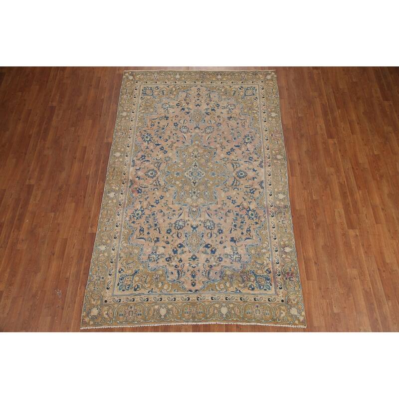 Hand Knotted Oriental 100% Wool Carpet Traditional Floral Pink Mashad Area Rug - 9' 1'' X 5' 7''