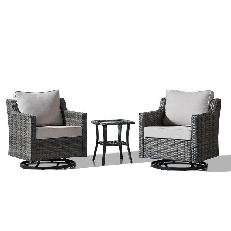 Meyreso 3-Piece Gray Wicker Outdoor Swivel Glider Chair Set with Side Table