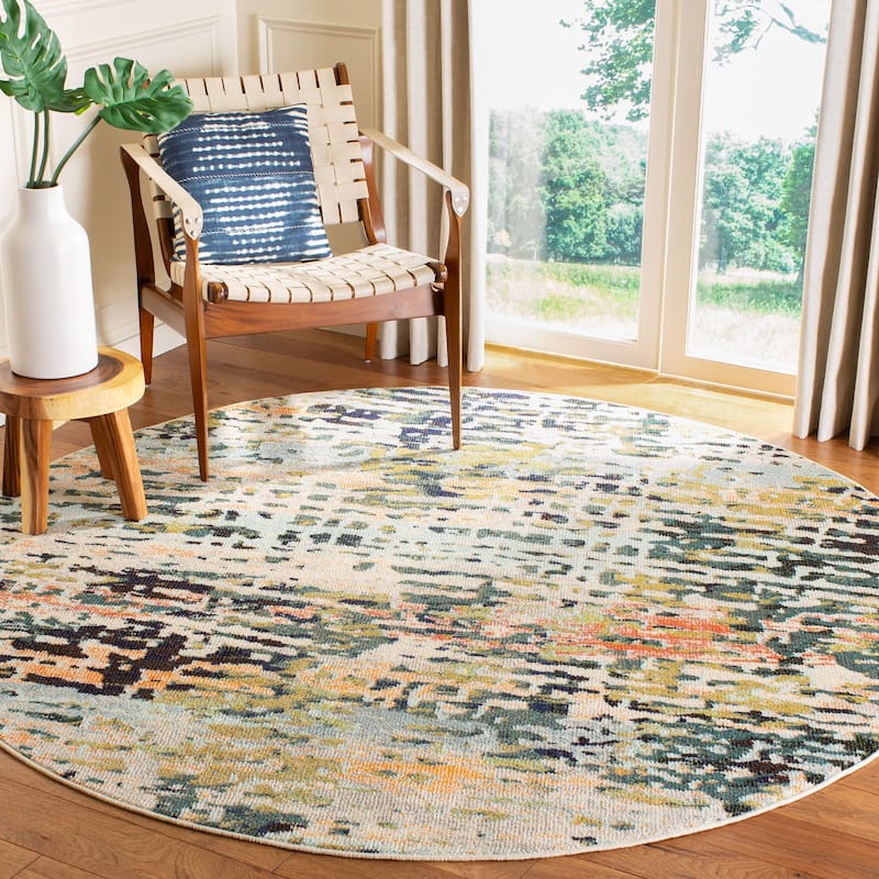 SAFAVIEH Madison Erlinda Vintage Boho Abstract Rug - 5' Round - Beige/Navy