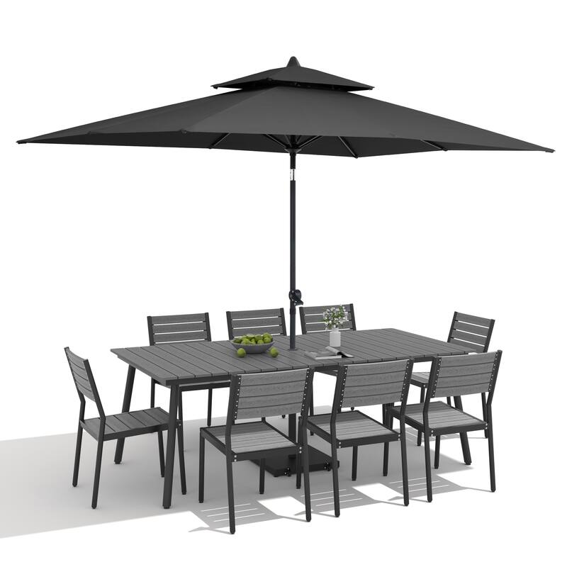 11-Piece Outdoor Dining Set Aluminum Table and 8 Stackable Chairs w/ 10 ft Umbrella and Base Stand