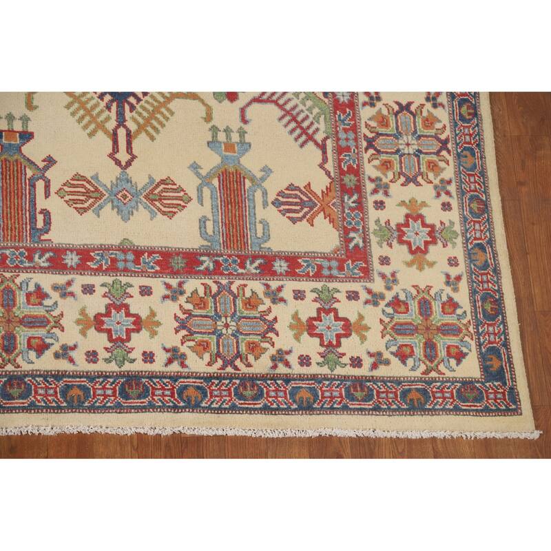 Geometric Beige Kazak Oriental Area Rug Hand-Knotted Wool Carpet - 8'2"x 9'9"