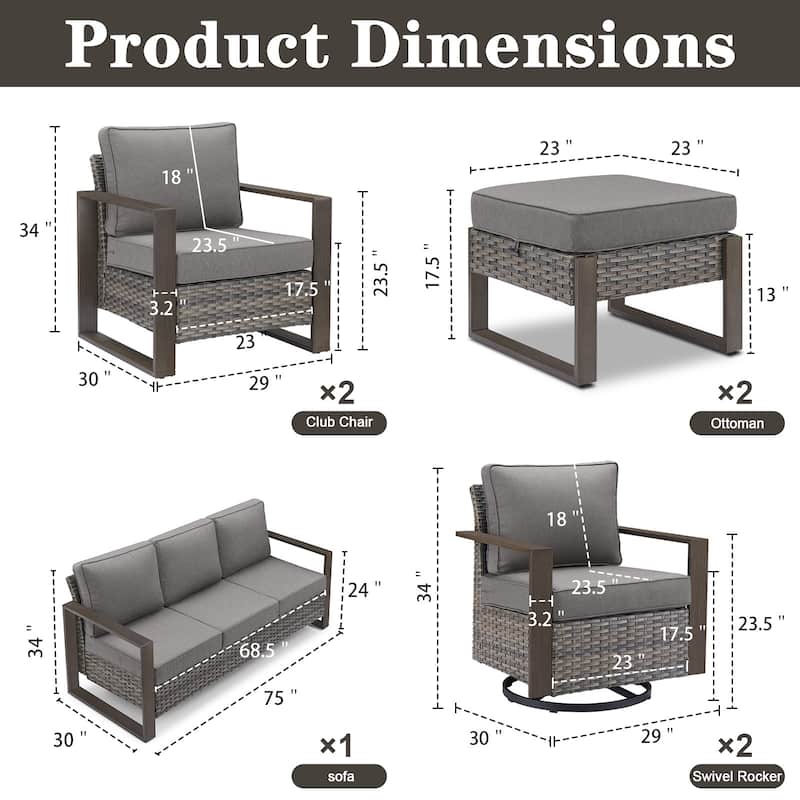 Gymojoy 7 Pieces Patio Sofa with Rattan Swivel Rocking Chair Ottomans Outdoor Conversation Set