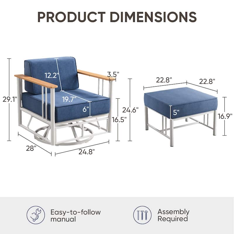 Puffin 4-Piece Metal Frame Outdoor Swivel Gliding Chairs with 6-Inch Cushions and Ottomans