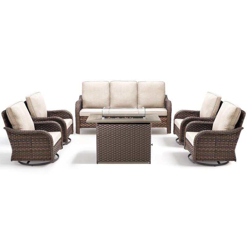 Pocassy Patio Funiture Sofa Swivel Chairs Ottoman with Fire Table Set