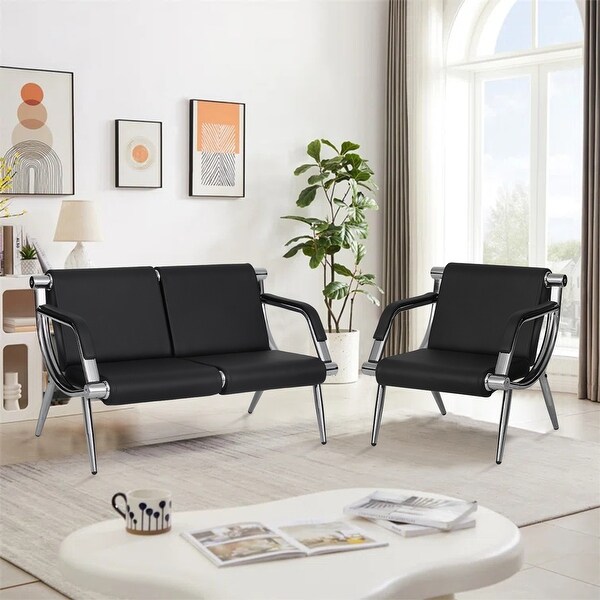 Kinbor 1 2 3 Seat Leather Waiting Chair Reception Bench for Salon Barber Bank Hospital Black 2seat