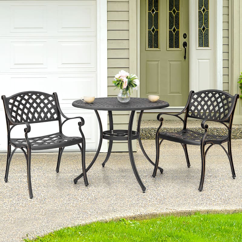 Outdoor 3-Piece Bistro Set with Umbrella Hole, Black with Gold-Painted Edge