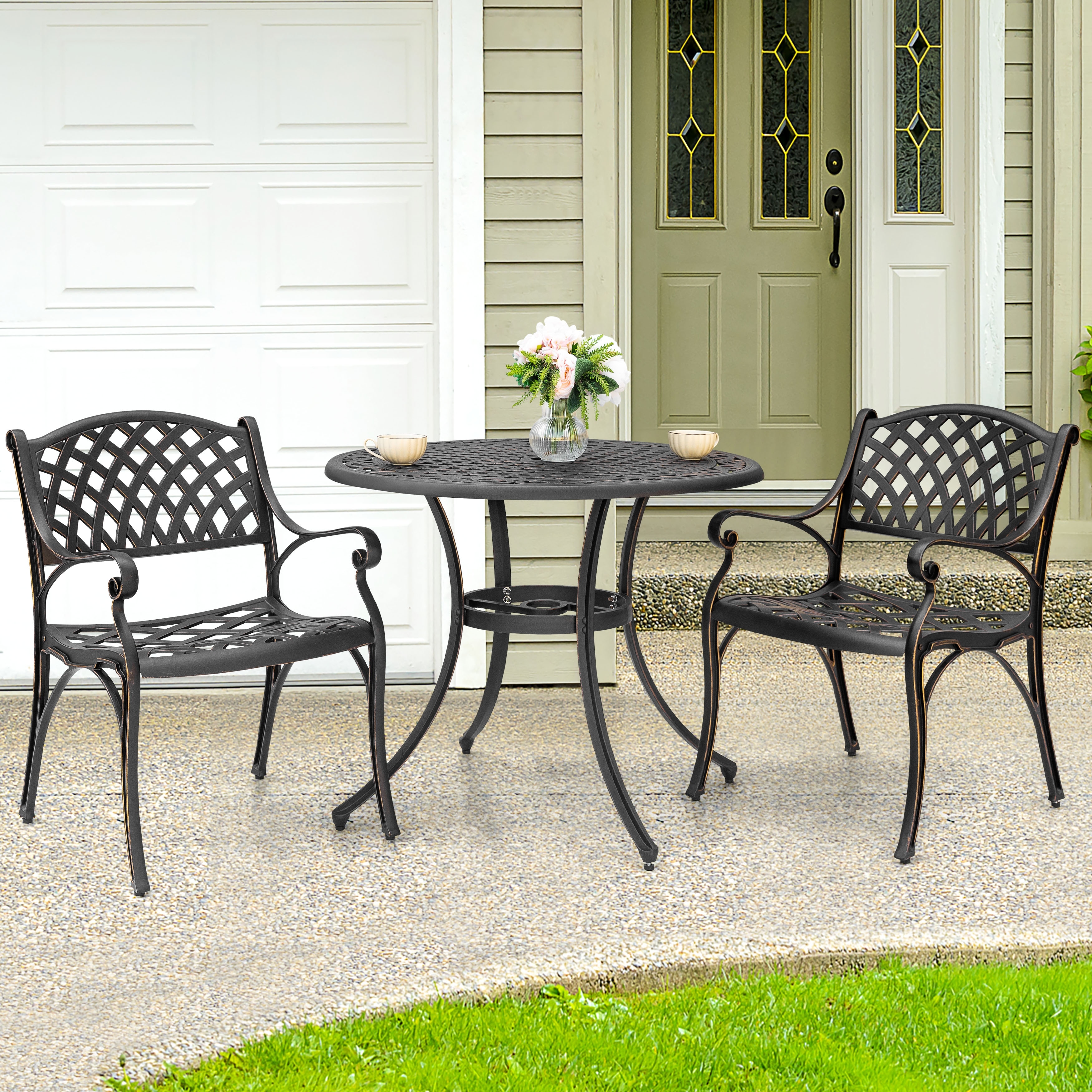 Nuu Garden Outdoor 3-Piece Bistro Set with Umbrella Hole, Black with Gold-Painted Edge