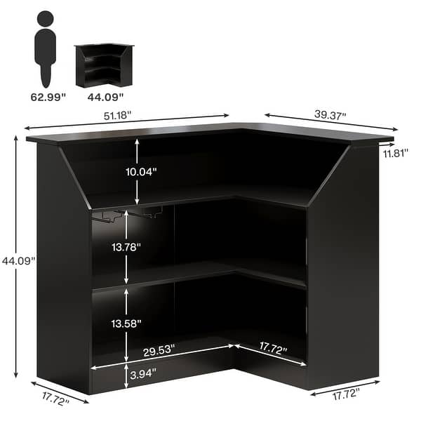 dimension image slide 3 of 4, Black 4-Tier Bar Cabinet, L-Shaped Wood Home Bar Table