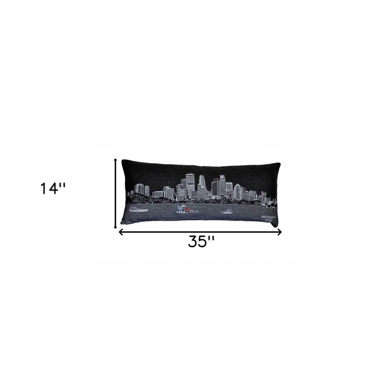 HomeRoots 35" Black Minneapolis Nighttime Skyline Lumbar Decorative Pillow