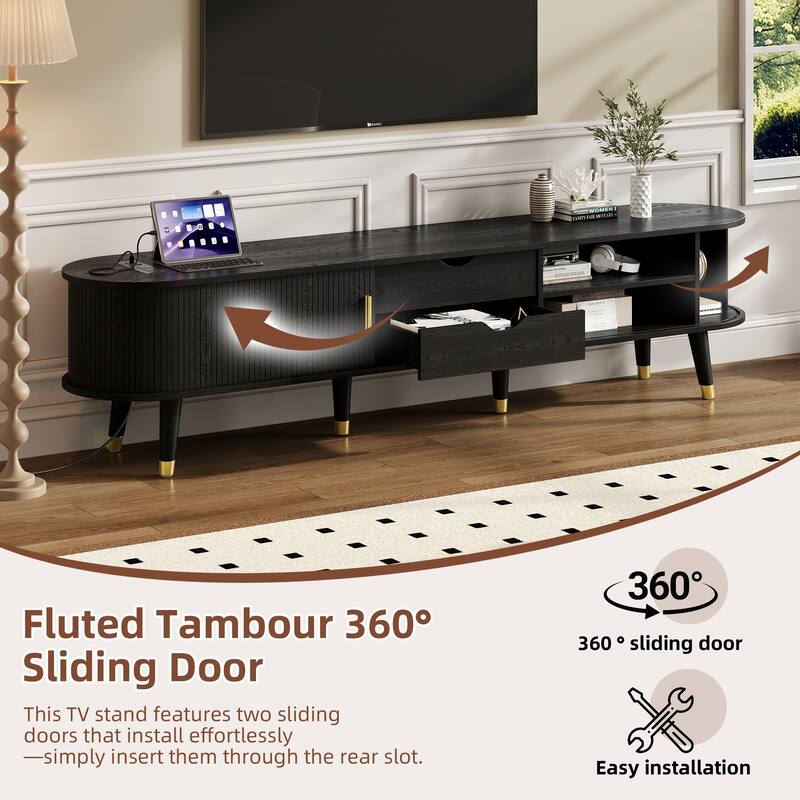 Wooden Oval TV Stand with Charging Station for TV up to 80", Mid-Century Media Console with Sliding Tambour Door for Living Room