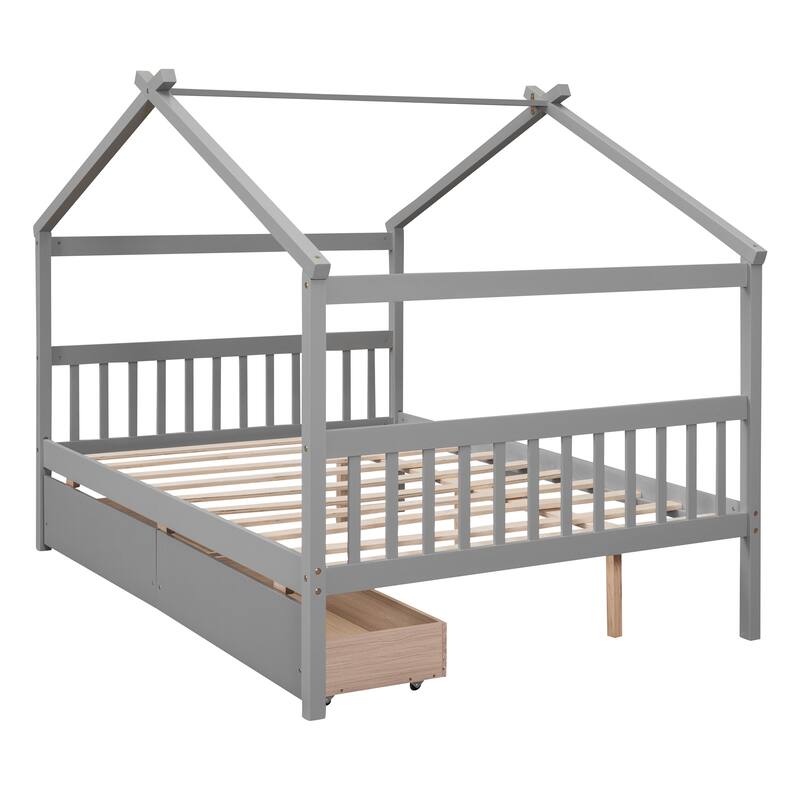 Full Size Wooden House Bed with 2 Drawers, Pinewood Frame, Kids Daybed, No Box Spring Needed