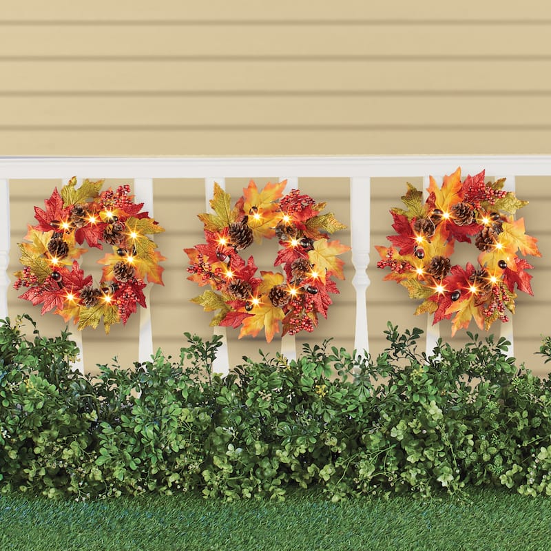 Solar Powered Hanging Autumn Wreaths - Set of 3 - 63 x 14 x 3 - Orange - 63 x 14 x 3 - Polyester