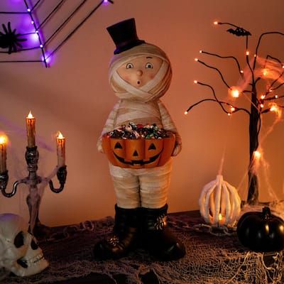 Mummy in Top Hat Holding Jack-O-Lantern Candy Dish Halloween Decoration - 23"