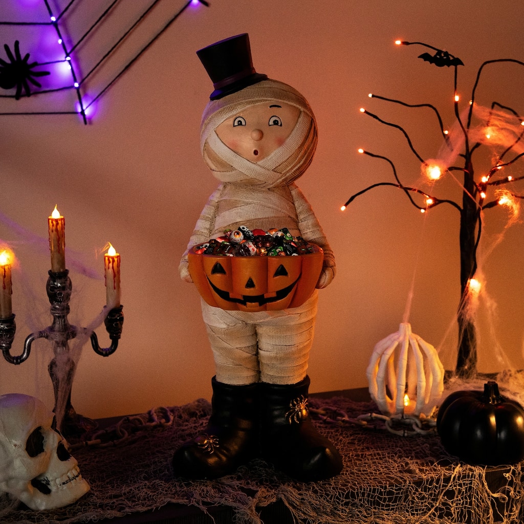 Mummy in Top Hat Holding Jack-O-Lantern Candy Dish Halloween Decoration - 23"