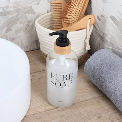 Glass and Bamboo Soap Dispenser PURE SOAP 17 or 34 FL OZ - Clear