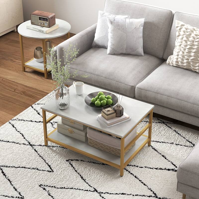 Coffee Tables Set of 2, 2-Rier Rectangle and Round Coffee Table with Storage Shelves, Faux Marble Top and Steel Frame