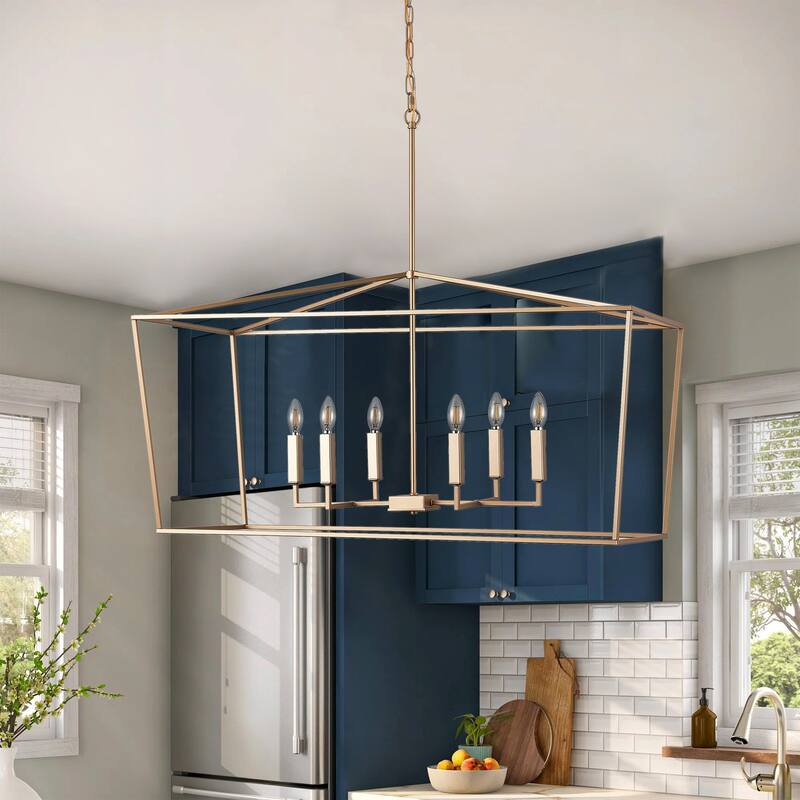 Farmhouse Rectangle 6-Light Kitchen Island Chandelier Over Table